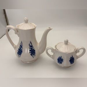 Vintage Mayhill Federalist Ironstone Teapot and Sugar Bowl Set - Blue and White